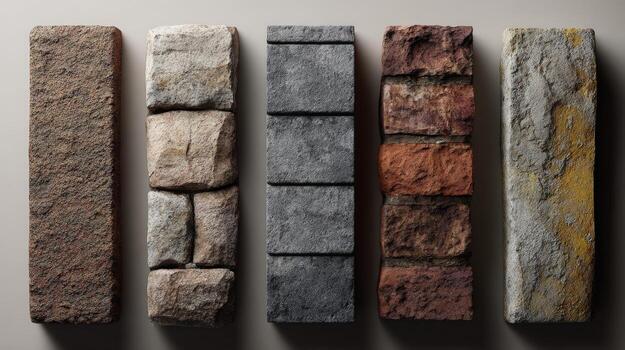 Variety of textured stone bricks and blocks displayed in different shades and patterns photo