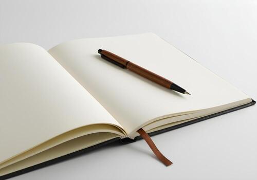 An open notebook with a pen on a white background 3d render photo