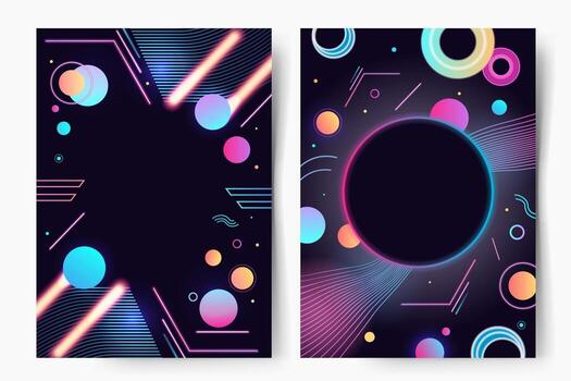 Abstract dark backgrounds with space for text. Set of geometric frames with neon shapes. Bright futuristic templates. vector