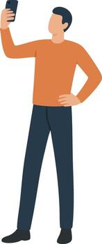 Man taking selfie with smartphone standing confidently vector