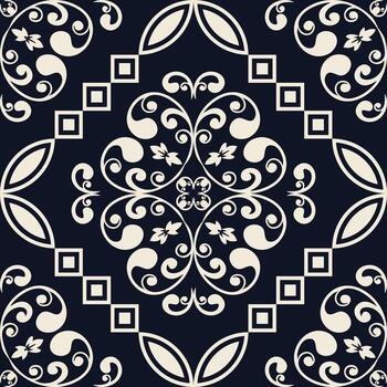 Elegant damask pattern in navy blue and cream. The intricate design features paisley motifs and geometric shapes. Perfect for backgrounds, textiles, and decorative projects vector