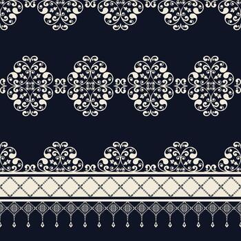 Elegant intricate seamless pattern on a dark background with floral elements and geometric shapes vector