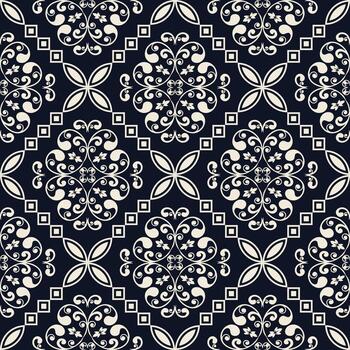 Elegant seamless pattern with intricate floral and geometric elements on a dark backdrop. This design embodies classic beauty and intricate design vector