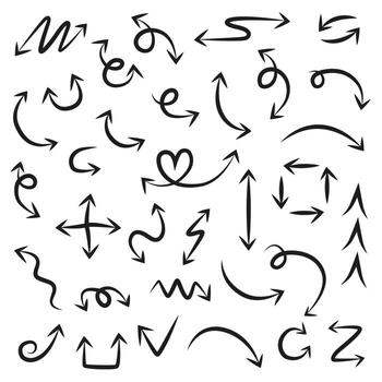 A set of arrows of different shapes and directions. Thin line arrows. vector