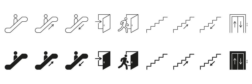 Escalator, Door, Stairs and Elevator Direction Icons. Navigation And Movement Symbols For Public Spaces. Accessibility And Wayfinding Signage Collection. Isolated Illustration vector