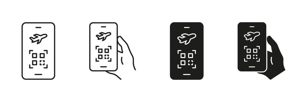 teléfono inteligente embarque pasar con qr código y avión icono colocar. digital Venta de entradas y móvil registrarse contorno y silueta símbolo recopilación. aislado ilustración vector