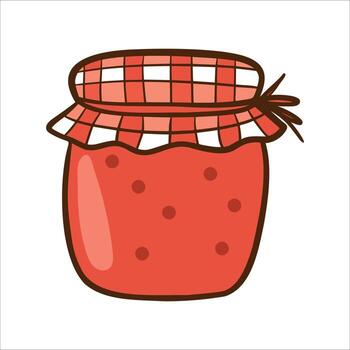 A jar of red jam with a checkered lid. The jar is round and has small dots on its surface, giving it a playful appearance. vector