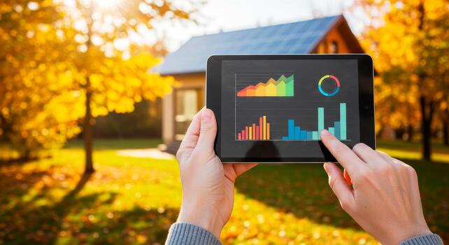 A person uses a tablet with a smart home app to monitor and control energy efficiency and consumption photo