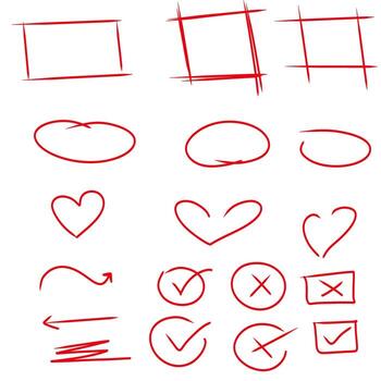 Red hand drawn sketch elements set with circles hearts arrows check marks cross boxes frames doodle abstract creative graphic design symbols vector