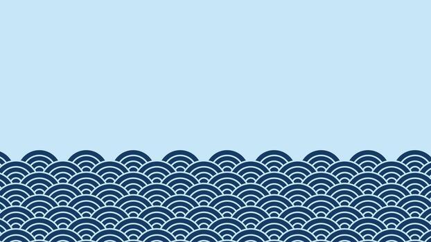 A minimalist background featuring traditional Japanese ocean waves at the bottom, with ample copy space on a calm blue field. This graphic is ideal for invitations, posters, and social media vector