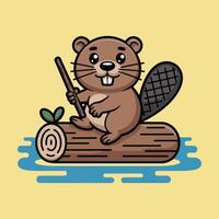 castor sentado en de madera registros flotante en agua vector