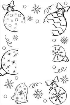 Merry Christmas and Happy New Year greeting card in black and white style. Xmas tree balls, snowflakes, decorations vertical rectangle frame with empty space for text. Holiday invitations vector