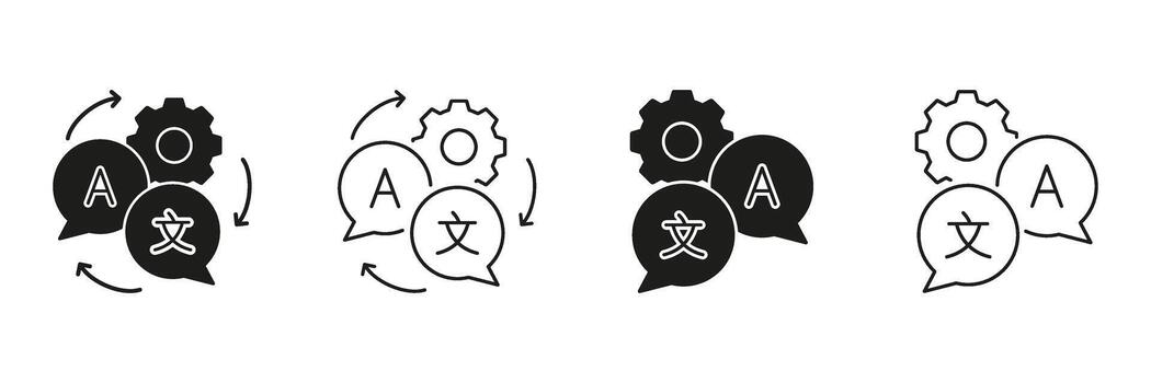 Language Translation And Localization Gear Icon Set. Multilingual Communication And Software Localization Symbol Collection. Language Exchange And Translation Process. Isolated Illustration vector