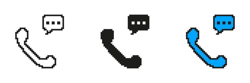 Pixelated Phone Receiver with Speech Bubble Icon Set. Communication and Call Symbol in Pixel Art Style. Contact and Customer Service. Isolated Illustration vector