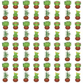 Tall and low cacti in pots. Seamless pattern. vector