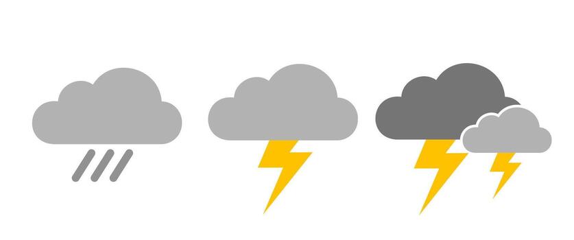 aislar lluvioso clima icono colocar. clima símbolo para web. pronóstico ilustración en plano estilo. pictograma Contiene lluvia, iluminación, tormenta. vector