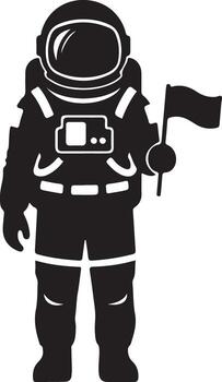 Black silhouette of an astronaut in a spacesuit holding a flag, representing space exploration vector