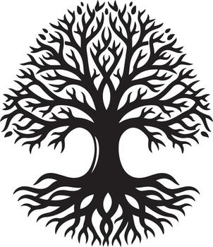 Silhouette of a tree of life with branches and roots isolated on white background vector