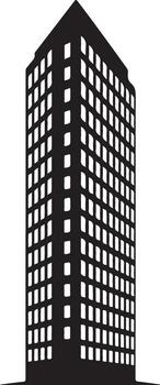 Silhouette of a tall skyscraper isolated on white background, representing modern urban architecture vector