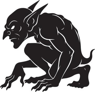 Silhouette of a menacing goblin crouched down, isolated on white background vector