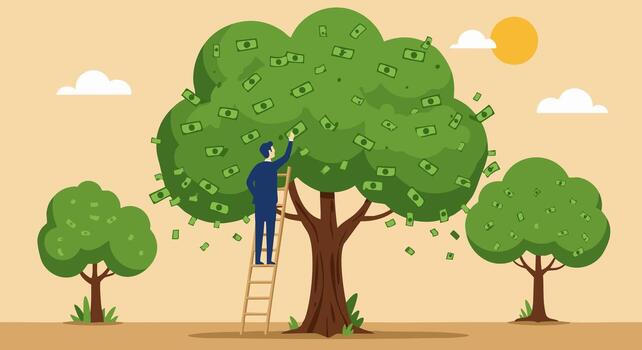 A man climbing up a ladder to reach a tree with money on it vector