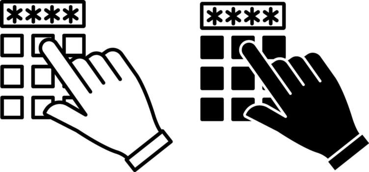 Code Icons. Black And White Illustration. Man Dials Secret PIN Code To Access Finance. Man's Hand And ATM Keypad. Concept Password And Data Security vector