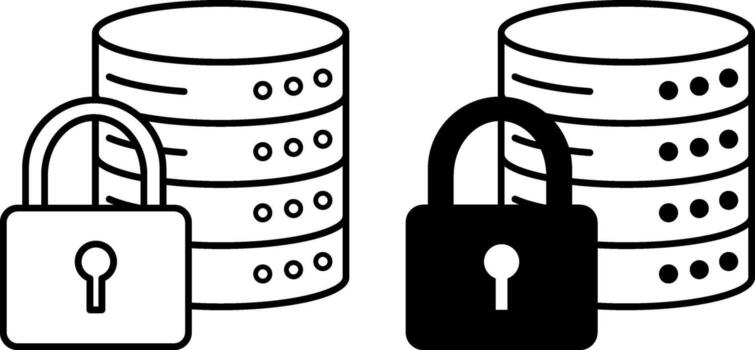 Data Protected Icons. Black and White Illustration. Padlock and Database. Information Safely Stored, Safe from Unauthorized Access, Loss, or Disclosure. Password and Data Security Concept vector