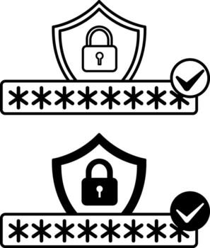 bueno contraseña iconos negro y blanco ilustraciones. proteger, candado, y largo código. adicional cuenta proteccion desde no autorizado acceso. concepto contraseña y datos seguridad vector