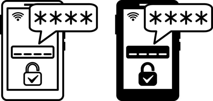 One Time Password Icons. Black and White Illustration. Mobile Phone, Secret Code, and Lock with Check Mark. OTP, Temporary Code Used to Confirm Identity When Logging Into the System vector