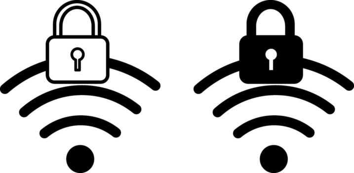 Wi Fi Icons. Black and White Illustrations. Padlock and Wi Fi Internet. Protecting Wireless Network from Unauthorized Access. Concept Password and Data Security vector