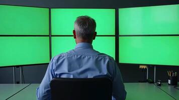 Rückseite Aussicht von Sicherheit Offizier im Vorderseite von mehrere Bildschirm mit Grün Bildschirm Anzeige video
