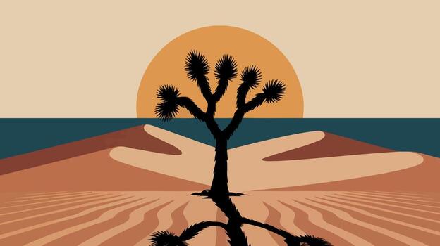 Desert Landscape with Joshua Tree and Setting Sun in Art design vector