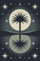 Desierto paisaje con palma árbol y Luna reflexión en agua ilustración vector