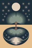 estilizado árbol y Luna reflexión en agua con estrellas en el noche cielo vector
