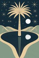 Desierto paisaje con palma árbol y Luna reflexión en agua vector