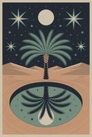 Desierto paisaje con palma árbol y Luna reflexión en agua obra de arte vector