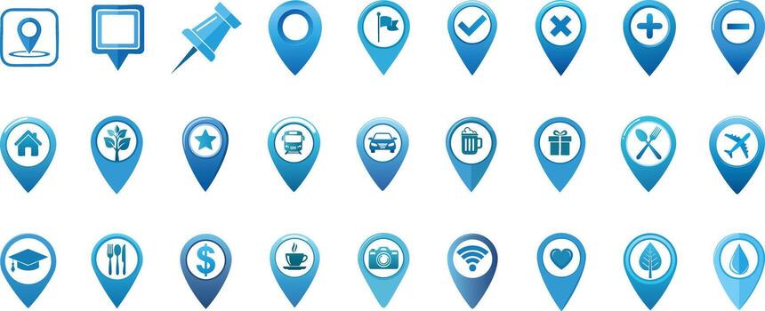 GPS location pin icon set, blue map markers and navigation pointers for travel and points of interest vector