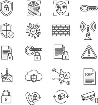 Cybersecurity icons set showcasing digital protection, network privacy, online data security, and safe technology solutions vector