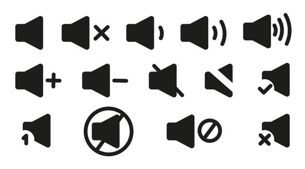 Sound volume icons set with different signal levels. Speaker symbols for increasing and reducing sound. Audio control, mute, and volume icons isolated on white. vector