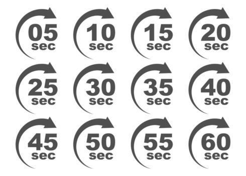 Countdown timer icons from 5 to 60 seconds in circular arrow design. Stopwatch and clock symbols for scheduling, time tracking, deadline management, and duration. vector