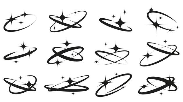 Set of star and orbit icons. Collection of black stars with orbit patterns in different designs. elements perfect for celestial, space, astronomy, and cosmic themes. vector