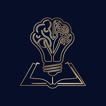Golden outline of a brain inside a lightbulb emerging from an open book vector