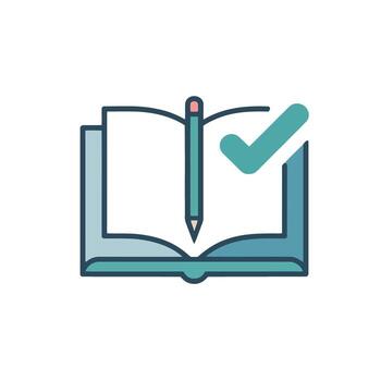 Open Book Illustration Featuring a Pencil and a Check Mark Symbolizing Learning Completion vector