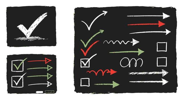 un conjunto de diferente cheque cajas y flechas en un pizarra vector
