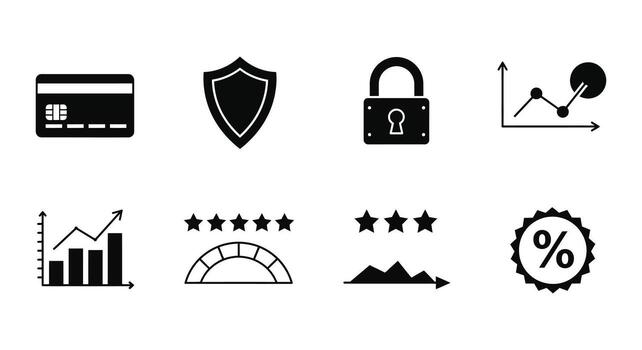 A set of icons that include a credit card, a lock, a star, and a graph vector