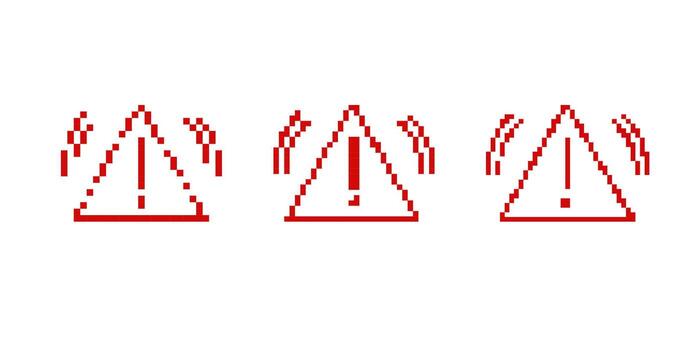 Mosaic pixel art red alert icons with triangle shapes showing warning signs and signals vector