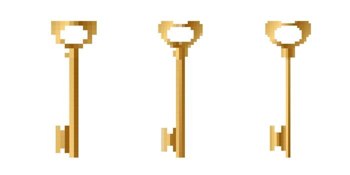 Mosaic pixel style keys with gold tones displaying retro gaming elements and simplicity vector