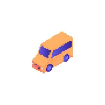 Mosaic pixel art of orange van in retro pixelated design reflecting nostalgic game style vector