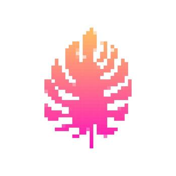 Mosaic pixel leaf icon in gradient pink for retro game and decorative designs vector