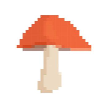 Mosaic pixel art icon of red mushroom with a beige stem in retro 8 bit design style vector